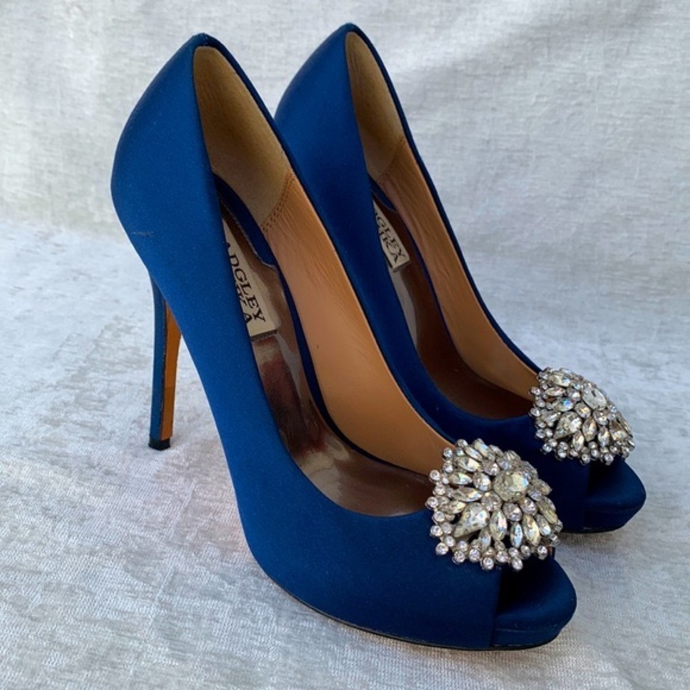 Badgley Mischka Blue Satin Rhinestone Embellished Peep Toe Stiletto Heels